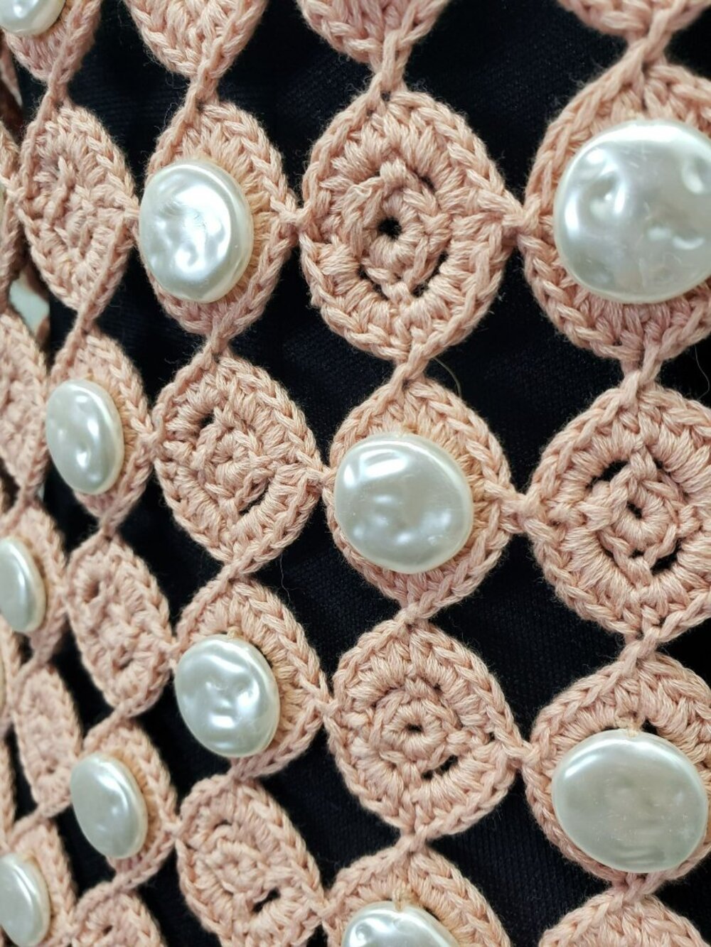 Toccin Pink Crochet Faux Mother of Pearl Button Rosette Halter Maxi Dress - Picture 14 of 15